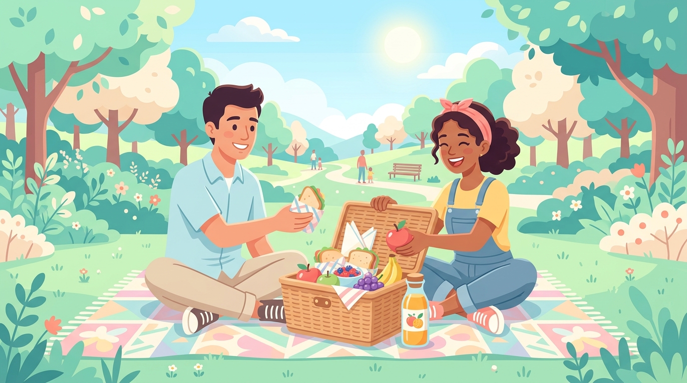 Karim et Yara qui remplissent un panier de pique-nique dans le parc